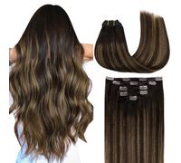 MAXITA Hair Extensions Real Human Hair, 55 cm 85g 5pcs Balayage Dark Brown Mixed Chestnut Brown, Clip in Hair Extensions Remy Human Hair Extensions for Woman Straight Natural Hair