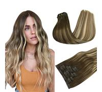 MAXITA Seamless Clip in Hair Extensions, 7pcs 35cm 110g Balayage Walnut Brown to Ash Brown and Bleach Blonde, Straight