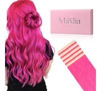 MAXITA Tape in Hair Extensions Human Hair Hot Pink Tape in Extensions 10pcs 25g 40cm Colored Invisible Real Human Hair Extension Soft Straight Wine Red Glue in Hair Extensions