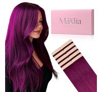 MAXITA Tape in Hair Extensions Human Hair Violet Tape in Extensions 10pcs 25g 35cm Colored Invisible Real Human Hair Extension Soft Straight Glue in Hair Extensions for Women