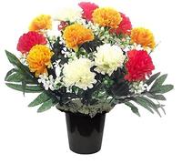 MaxJam Memorial Grave Crem Pot Artificial Arrangement Yellow Coral Ivory Chrysanthemum with Moss for Graveside Cemetery Crematorium Gift for Birthday Mother's Day