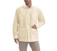 MAXJON Men's Guayabera Shirts for Men Long Sleeve Cuban Snap Button Shirts Mexican Guayabera Shirts with Four Pockets, Creamy, XXL
