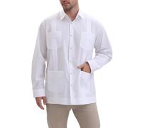MAXJON Men's Guayabera Shirts for Men Long Sleeve Cuban Snap Button Shirts Mexican Guayabera Shirts with Four Pockets, White, 3XL