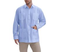 MAXJON Men's Guayabera Shirts for Men Long Sleeve Cuban Snap Button Shirts Mexican Guayabera Shirts with Four Pockets, Lightblue, XL
