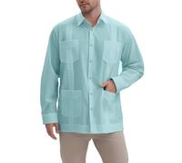 MAXJON Men's Guayabera Shirts for Men Long Sleeve Cuban Snap Button Shirts Mexican Guayabera Shirts with Four Pockets, Lakeblue, XXL