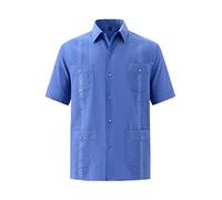 MAXJON Men's Guayabera Shirts for Mens Cuban Shirts Short Sleeve Shirt, Blue, Large