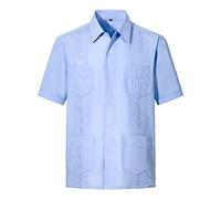 MAXJON Mens Short Sleeve Button-Down Guayabera Shirts for Men Cuban Embroidered Pleats Beach Shirts…, Lightblue, Large