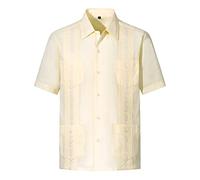 MAXJON Mens Short Sleeve Button-Down Guayabera Shirts for Men Cuban Embroidered Pleats Beach Shirts…, Creamy, XL Tall
