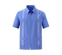 MAXJON Men's Short Sleeve Cuban Guayabera Shirts Full Zip Front Mexican Hawaiian Shirt with Pocket, Blue, 3XL