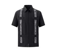 MAXJON Men's Short Sleeve Cuban Guayabera Shirts Full Zip Front Mexican Hawaiian Shirt with Pocket, Black, XXL