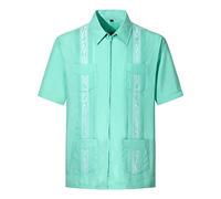 MAXJON Men's Short Sleeve Cuban Guayabera Shirts Full Zip Front Mexican Hawaiian Shirt with Pockets, Lakeblue, XXXXL