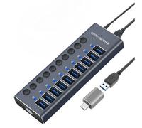MaxLax - Aluminum 10-port USB 3.0 hub with 10-port USB data transfer, power adapter, USB splitter, standalone switch
