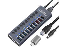 MaxLax Aluminum USB 3.0 Hub with Charging Function Power Adapter Individual Power Plug (Silver Grey, 10 Ports)