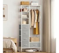 MAXLEAD All-in-One Rolling Coat Rack with 5 Drawers, Mobile Closet Organizer on Wheels, Hanging Rail & Open Shelves for Bedroom, Laundry Room - Grey