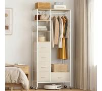 MAXLEAD All-in-One Rolling Coat Rack with 5 Drawers, Mobile Closet Organizer on Wheels, Hanging Rail & Open Shelves for Bedroom, Laundry Room - Beige