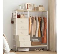 MAXLEAD All-in-One Rolling Wardrobe with 5 Drawers, Mobile Closet Organizer on Wheels, Hanging Rail & Open Shelves for Bedroom, Laundry Room - Beige