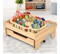 Maxmass 100 PCS Wooden Train Set, Kids Train Track Rail Set with Drawer on Wheels, Toddler Play Table Sets Activity Table Educational Railway Toy for 3+ Years Old Boys Girls