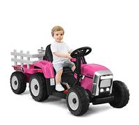 Maxmass 12V Kids Ride on Tractor and Trailer, Battery Powered Electric Vehicle with Remote Control, LED Lights, Music, Horn, USB, Bluetooth, Construction Car Toy for 3+ Boys Girls (Pink)