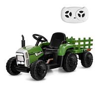 Maxmass 12V Kids Ride on Tractor and Trailer, Battery Powered Electric Vehicle with Remote Control, LED Lights, Music, Horn, USB, Bluetooth, Construction Car Toy for 3+ Boys Girls (Greyish Green)