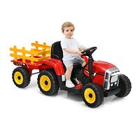 Maxmass 12V Kids Ride on Tractor and Trailer, Battery Powered Electric Vehicle with Remote Control, LED Lights, Music, Horn, USB, Bluetooth, Construction Car Toy for 3+ Boys Girls (Red + Yellow)