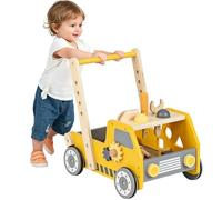Maxmass 2 in 1 Baby Walker, Toddler Learning Walker with Toy Tool Bench, Wheels, Bottom Storage, Wooden Activity Walkers Push Along Toy for Boys Girls (Yellow)