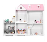 Maxmass 2-in-1 Dollhouse Bookcase, 2-Tier Wooden Dolls House Cottage with Anti-Tip Design, Kids Toy Storage Bookshelf for Boys & Girls (Pink)