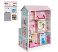 Maxmass 2-in-1 Kids Dollhouse Play Kitchen, Double Sided Dolls House and Kitchen Playset with Furniture and Accessories, Children Wooden Dollhouse for 3+ Years Old (Blue)