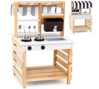 Maxmass 2 in 1 Kids Mud Kitchen, Wooden Double-Sided Children Toy Kitchen with Removable Sink, Faucet, Stoves, Kitchenware, Outdoor Toddlers Play Kitchen Garden Cooking Set for 3+ Years Old (Natural)