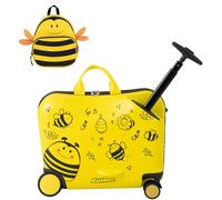 Maxmass 2 PCS Kids Luggage Set, 12" & 18" Children Ride on Suitcase and Backpack with Adjustable Handle, Anti-Lose Rope, Girls Boys Hard Shell Trolley Case for School Travel (Yellow Bee)