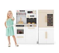 Maxmass 2-Piece Kids Modular Toy Kitchen, Wooden Children Pretend Kitchens with Refrigerator, Talking Wall Chart, Lights & Sounds, Toddler Role Play Kitchen Playset for 3+ Years Old