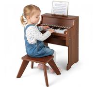 Maxmass 25 Key Kids Piano and Stool, Wooden Toddler Electronic Keyboard with Music Stand, Record/Play Function, Teaching Mode, Educational Music Instrument Toy Piano Keyboard for 3+ Boys Girls (Brown)