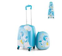 Maxmass 2PCS Kids Luggage Set, 12" & 16" Hard Shell Children Trolley Case with 4 Universal Wheels, Girls Boys Suitcase and Backpack Set for Travel (Blue, Unicorn)