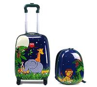 Maxmass 2PCS Kids Luggage Set, Kids Hard Shell Trolley Case with 4 Universal Wheels, Children Backpack and Suitcase for Boys Girls Travel School (Lion+Elephant, 12"+16")