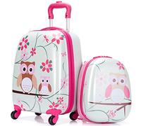 Maxmass 2PCS Kids Luggage Set, Kids Hard Shell Trolley Case with 4 Universal Wheels, Children Backpack and Suitcase for Boys Girls Travel School (Owl, 12"+16")