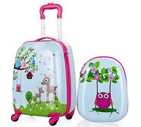 Maxmass 2PCS Kids Luggage Set, Kids Hard Shell Trolley Case with 4 Universal Wheels, Children Backpack and Suitcase for Boys Girls Travel School (Owl+Deer, 12"+16")