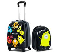 Maxmass 2PCS Kids Luggage Set, Kids Hard Shell Trolley Case with 4 Universal Wheels, Children Backpack and Suitcase for Boys Girls Travel School (Monster, 12"+16")