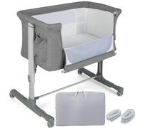 Maxmass 3 In 1 Bedside Crib, Co-Sleeping Baby Cot with Safe Strap, Soft Mattress, Universal Wheels and Carry Bag, Portable Moving Bassinet for 0-5 Months (Grey)