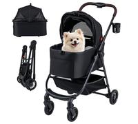 Maxmass 3 in 1 Foldable Pet Stroller, 4 Wheel Dog Pushchair with Detachable Car Seat Carrier, Adjustable Canopy, Storage Basket, Cup Holder, Travel Dog Buggy Pet Pram for Small Dogs Cats (Black)