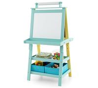 Maxmass 3 in 1 Kids Art Easel, Double-Sided Whiteboard & Chalkboard with Paper Roll, Art Drawing Board Stand for Nursery and Baby Toddler Junior Bedrooms (Blue +Yellow)