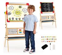 Maxmass 3-in-1 Kids Art Easel, Wooden Double Sided Easel with Whiteboard & Chalkboard, Paper Roll, Abacus, Clock and Alphabet, Adjustable Toddler Standing Drawing Board for Boys Girls
