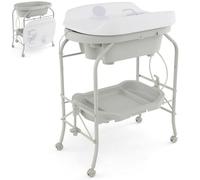 Maxmass 4-in-1 Baby Changing Table, Portable Infant Diaper Care Station with PVC Pad, Bath Tub, Storage Tray and Lockable Wheels, Folding Newborn Dresser Nappy Changer (Light Grey)