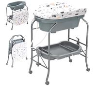 Maxmass 4-in-1 Baby Changing Table, Portable Infant Diaper Care Station with PVC Pad, Bath Tub, Storage Tray and Lockable Wheels, Folding Newborn Dresser Nappy Changer (Grey)