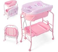 Maxmass 4-in-1 Baby Changing Table, Portable Infant Diaper Care Station with PVC Pad, Bath Tub, Storage Tray and Lockable Wheels, Folding Newborn Dresser Nappy Changer (Pink)