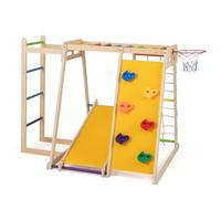 Maxmass 6 in 1 Kids Climbing Frame, Wooden Toddler Jungle Gym Playset with Rope Net, Slide, Monkey Bar, Basketball Hoop, Indoor Children Climbing Set Montessori Climber for 3-14 Years Old (Colorful)