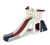 Maxmass 6-in-1 Kids First Slide, Freestanding Children Climber Slide Playset with Basketball Hoop, Ball, Tunnel, Ring Toss and Telescope, Toddler Slide Set for Indoors Outdoors (Blue)
