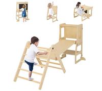 Maxmass 7-in-1 Kids Climbing Set, Wooden Toddler Climbing Toy Set with Convertible Step Stool, Reversible Ramp, Blackboard, Indoor Outdoor Children Climbing Frame for 3-14 Years Old (Natural)