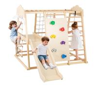 Maxmass 8 in 1 Kids Climbing Frame, Wooden Children Climbing Toy with Removable Slide, Swing, Rope Ladder, Monkey Bars, Climb Rock and Net, Indoor Toddler Jungle Gym Montessori Climber (Natural)
