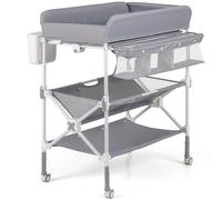 Maxmass Baby Changing Table, Height Adjustable Infant Diaper Changing Station with Wheels, Shelves, Storage Basket and Trash Bin, Foldable Newborn Nappy Table for 0-12 Months (Gray)