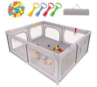 Maxmass Baby Playpen, 186 x 156cm Infant Mesh Safety Yard with Zipper Doors, Side Storage Bag, 50 Ocean Balls, Carrying Bag and Pull Rings, Toddler Play Center for 0-3 Years Old (Light Grey)