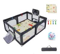 Maxmass Baby Playpen, Infant Activity Center with Pull Rings, Basketball Hoop, Soccer Nets, 50 Ocean Balls and Soft Mat, Toddlers Play Yard for 0-3 Years Old (Dark Gray, 187 x 157cm)